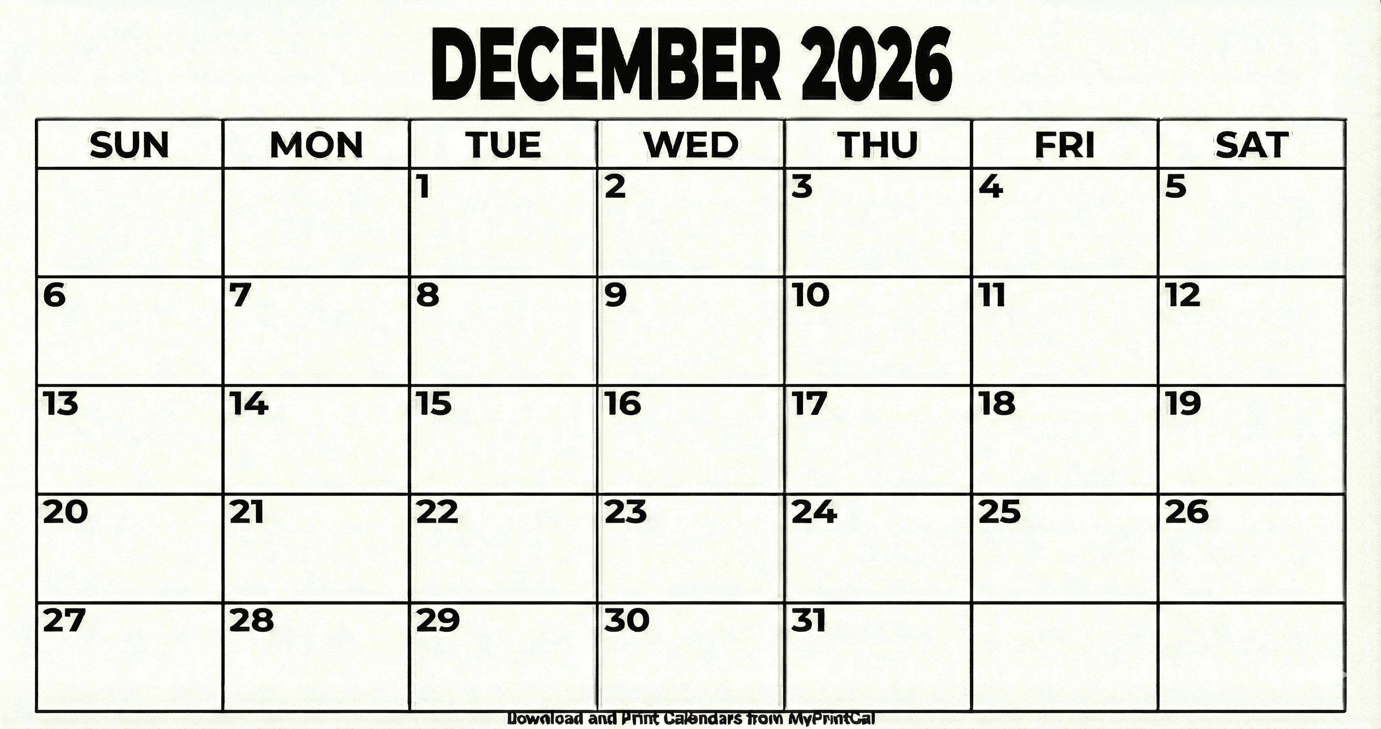 Printable December 2026 calendar