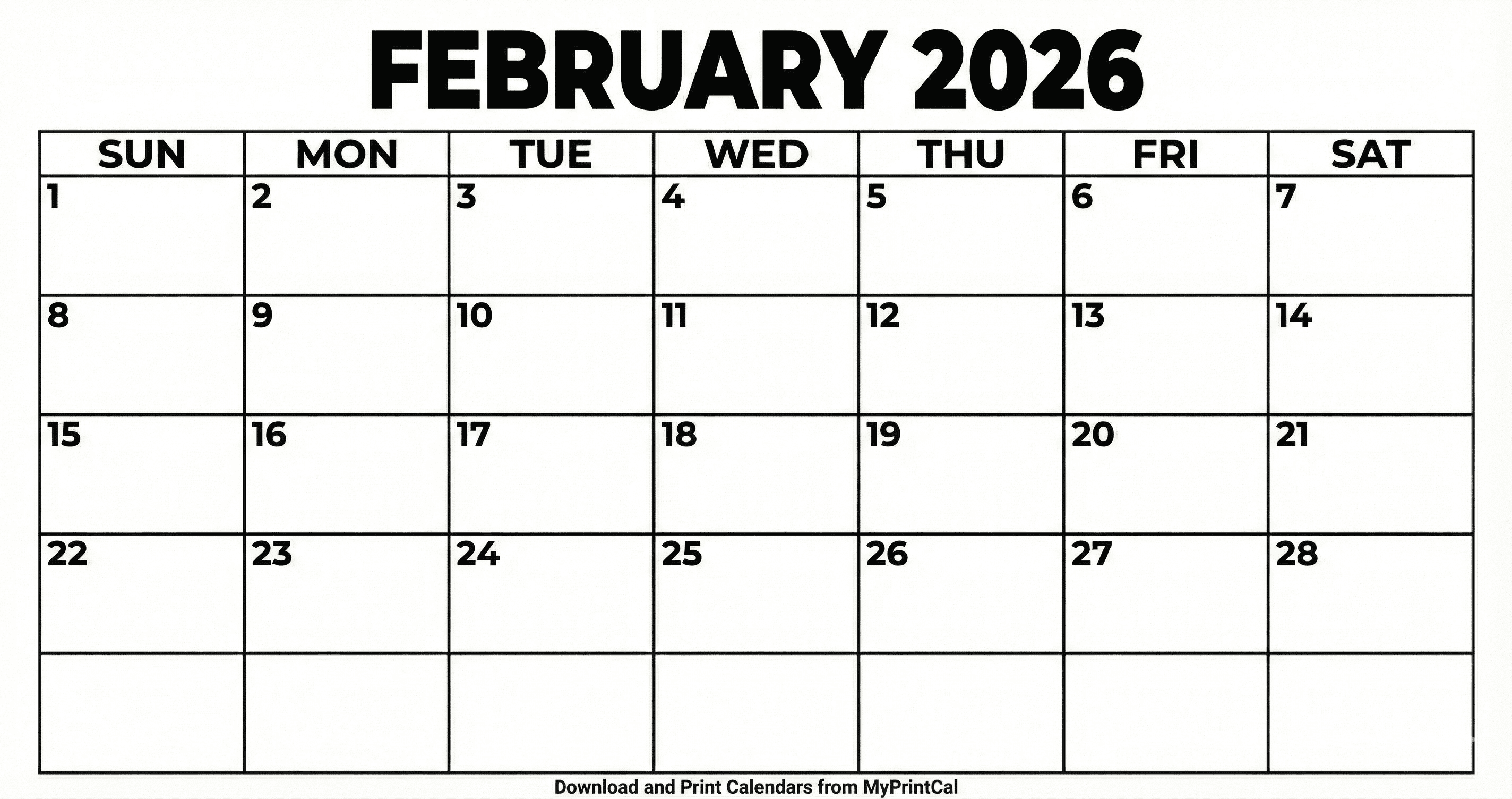 Printable February 2026 calendar