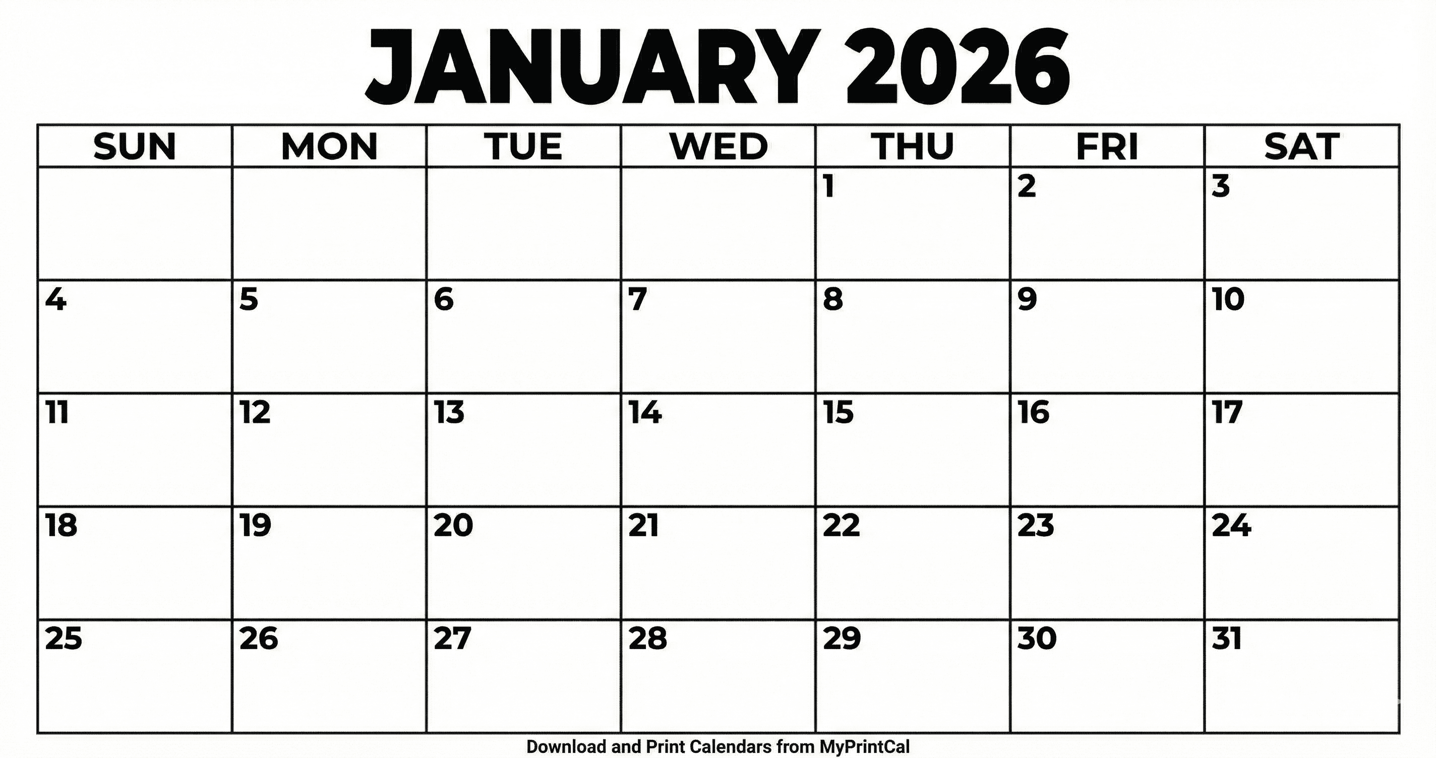Printable January 2026 calendar